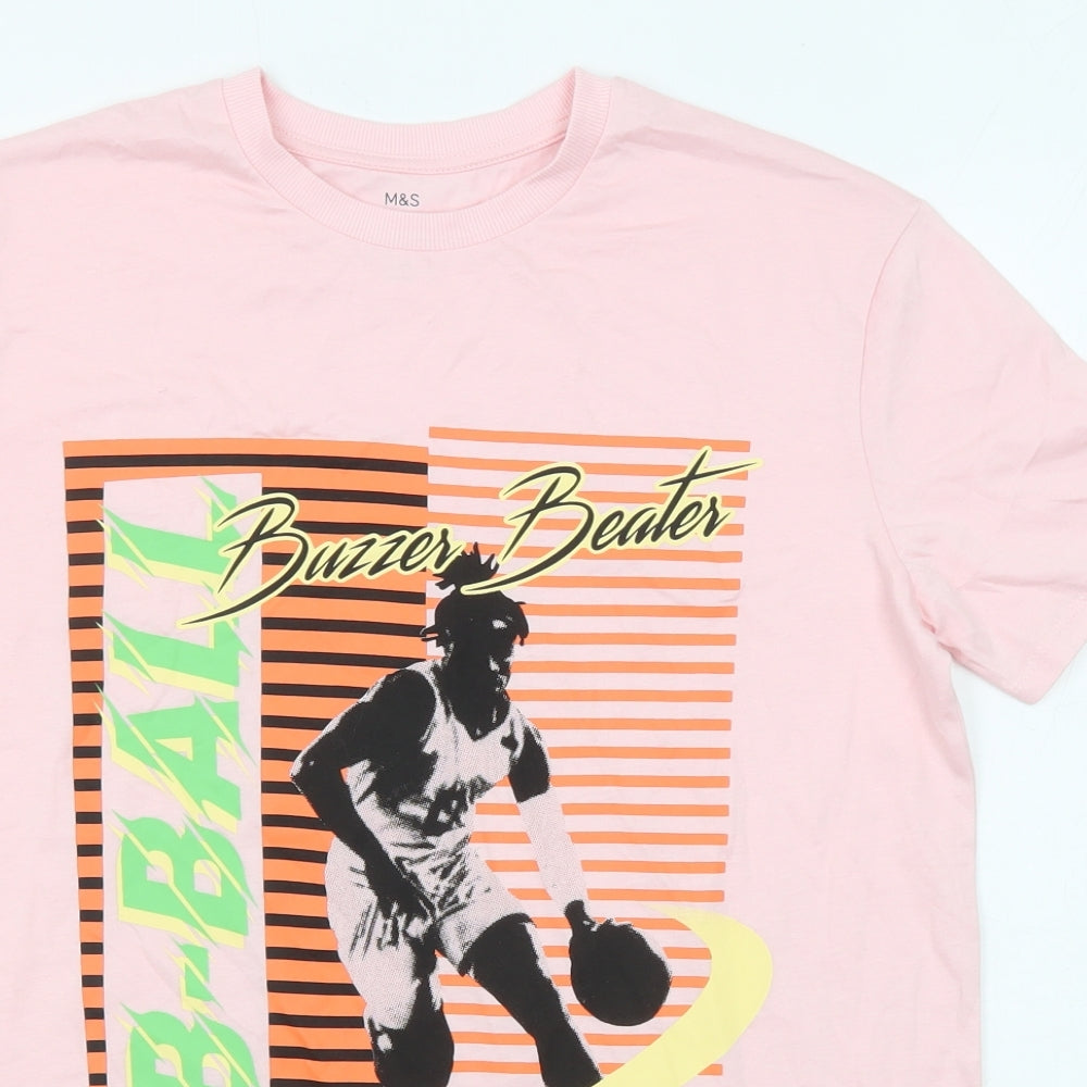 Marks and Spencer Boys Pink Cotton Basic T-Shirt Size 14-15 Years Crew Neck Pullover - B-Ball Buzzer Beater