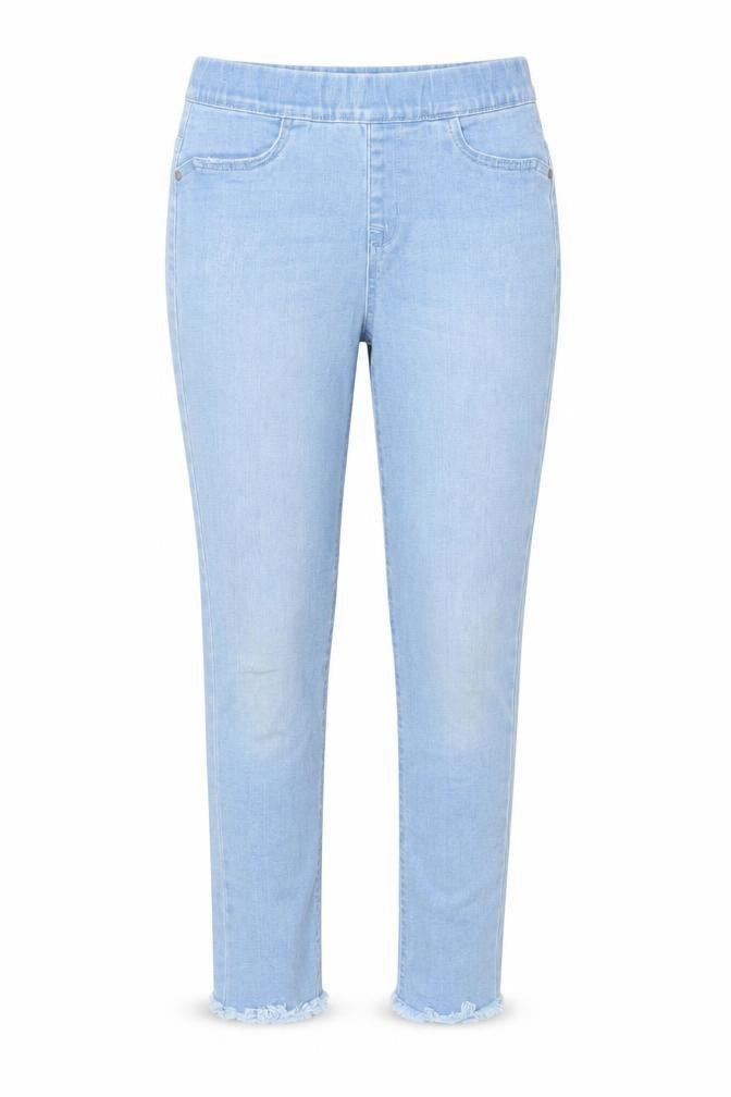 Front view of Denim & Co. girls’ blue cotton jegging jeans, size 10-11, years regular pullover - raw hem