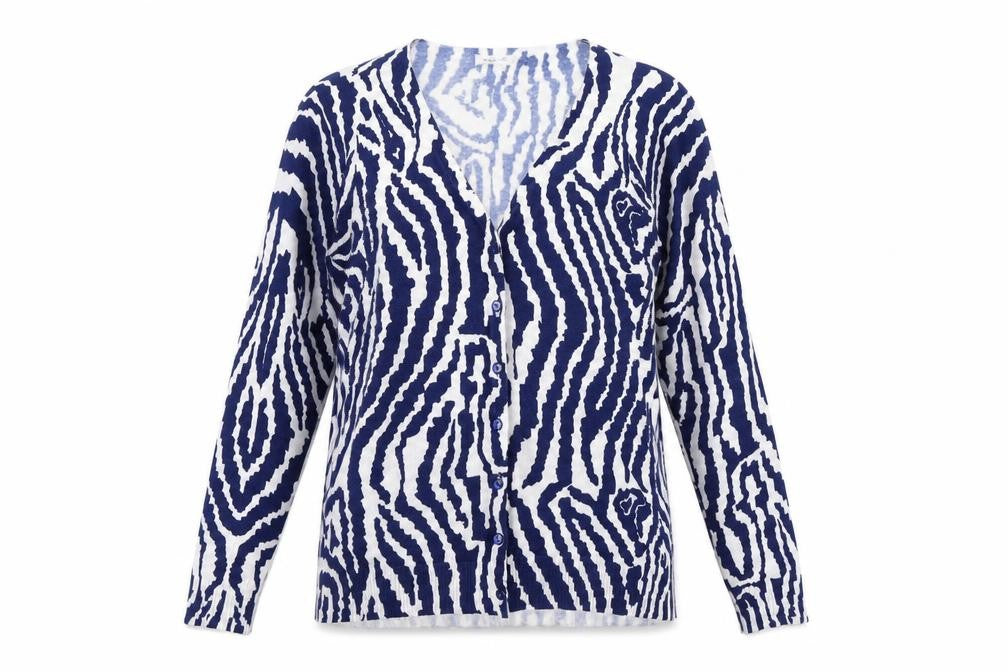 Damart Womens Blue V-Neck Geometric Viscose Cardigan Jumper Size 10 - Size 10-12