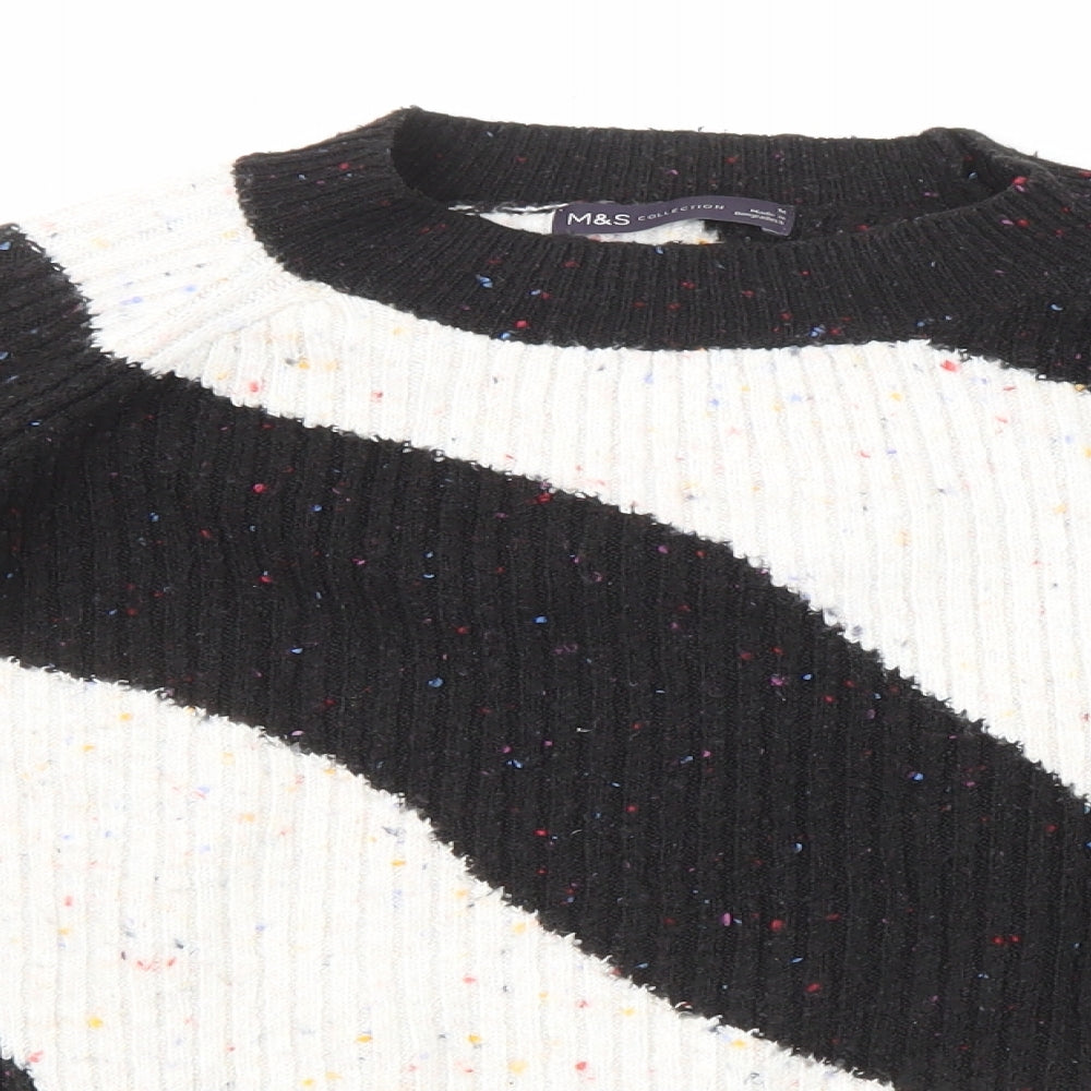 Marks and Spencer Womens Black Crew Neck Striped Acrylic Pullover Jumper Size M
