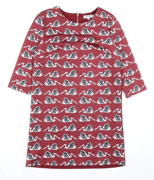 Jaune Rouge Womens Red Geometric Polyester A-Line Size M Round Neck Zip - Swan Pattern