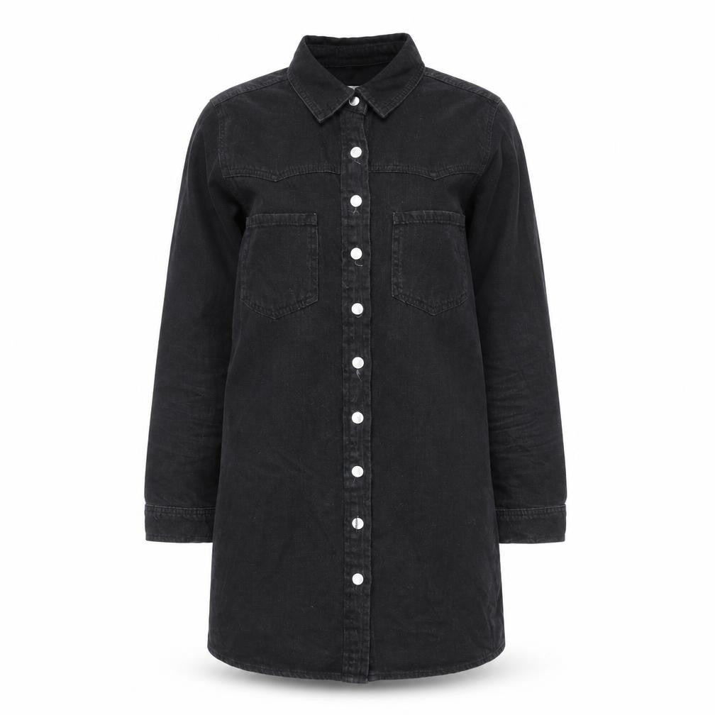 Front view of Denim & Co. women’s black cotton shirt dress, size UK 10, collared button