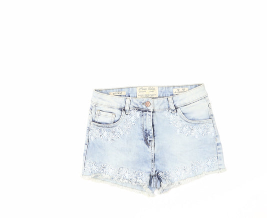 PARISIAN SIGNATURE Womens Blue Cotton Hot Pants Shorts Size 10 Regular Zip - Floral Embroidery, Distressed Hems