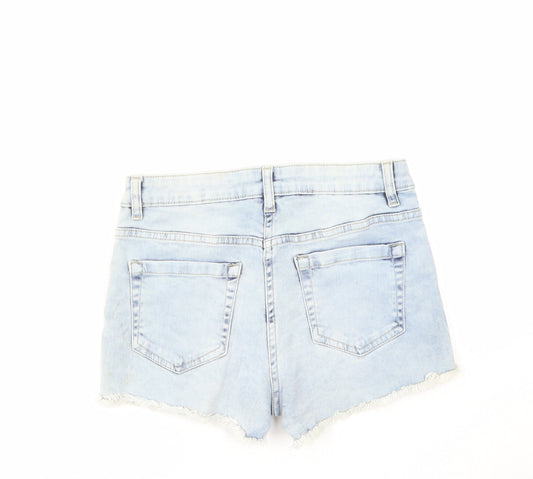 PARISIAN SIGNATURE Womens Blue Cotton Hot Pants Shorts Size 10 Regular Zip - Floral Embroidery, Distressed Hems