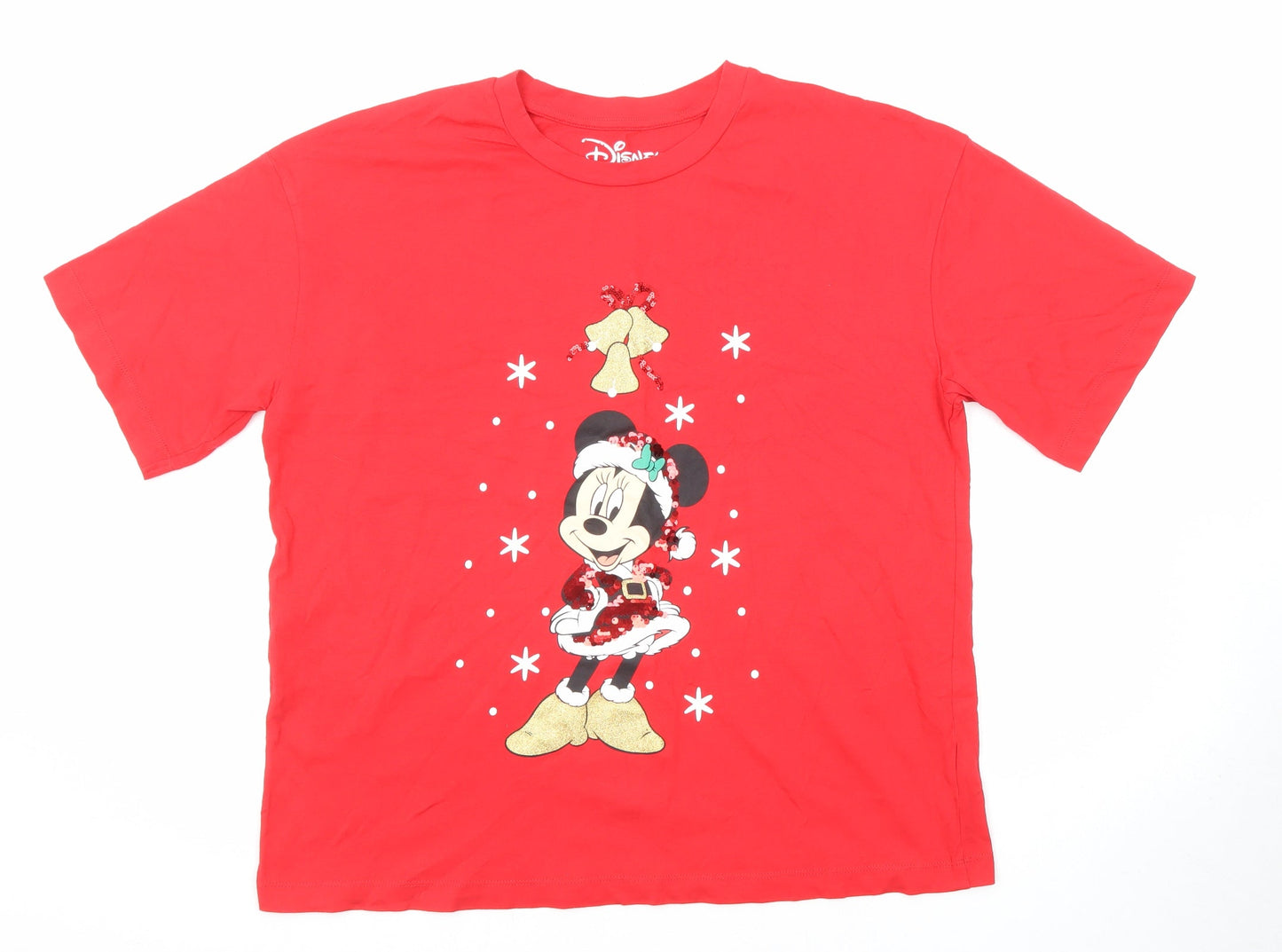 Disney Womens Red Cotton Basic T-Shirt Size 16 Round Neck - Minnie Mouse Christmas
