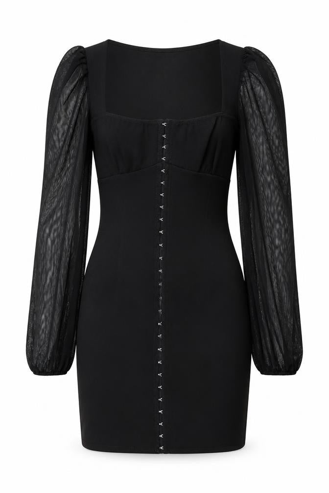 Front view of I SAW IT FIRST women’s black polyester pencil dress, size UK 6, square neck hook & eye