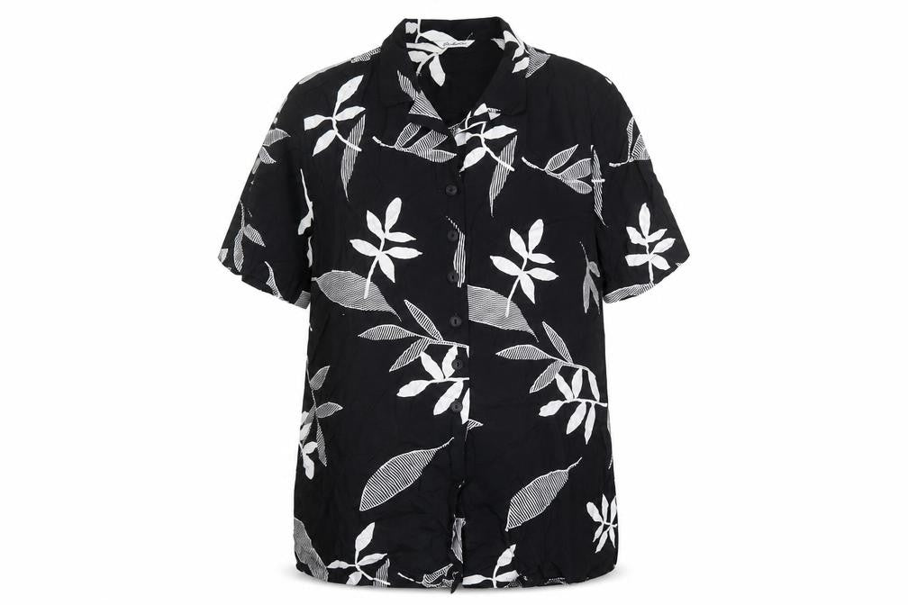 Berkertex Womens Black Geometric Viscose Basic Button-Up Size 14 Collared - Leaf Print