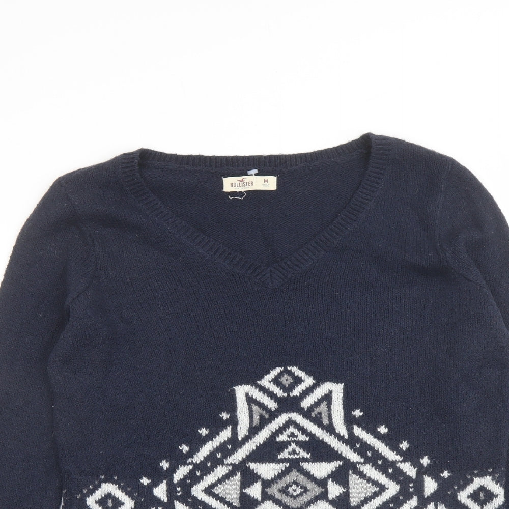 Hollister Womens Blue V-Neck Cotton Pullover Jumper Size M - Geometric Print