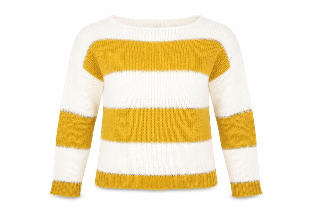 Front view of Isabella D. women’s yellow round neck striped polyester jumper, size S, -, size S-m
