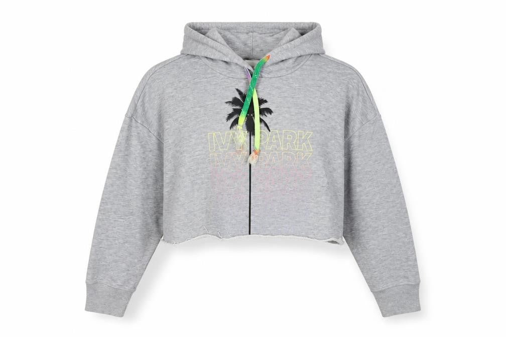 Front view of IVY PARK women’s grey polyester pullover hoodie, size S, pullover