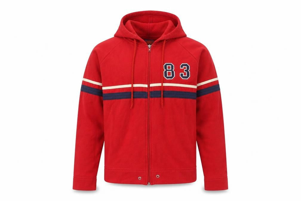 Fluid Mens Red Cotton Full Zip Hoodie Size S - 83, Drawstring, Striped detail