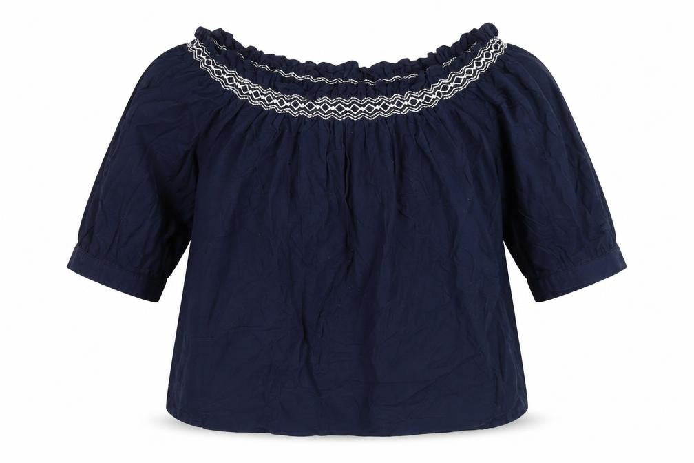 Marks and Spencer Womens Blue Cotton Basic Blouse Size 14 Off the Shoulder - Embroidered Detail