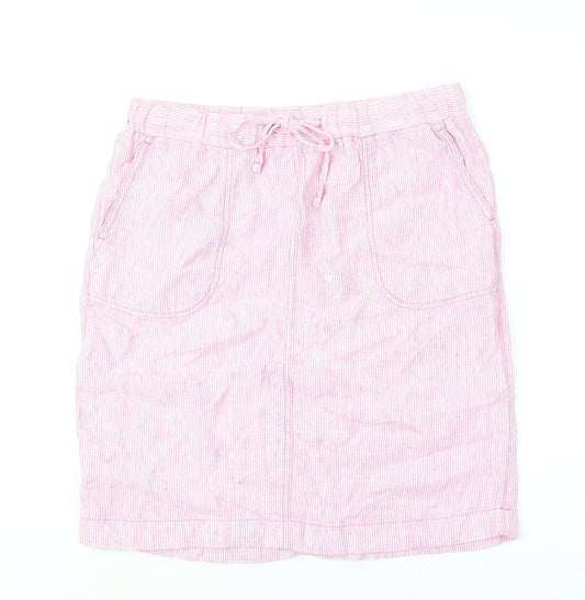 Marks and Spencer Womens Pink Striped Flax A-Line Skirt Size 12 Tie