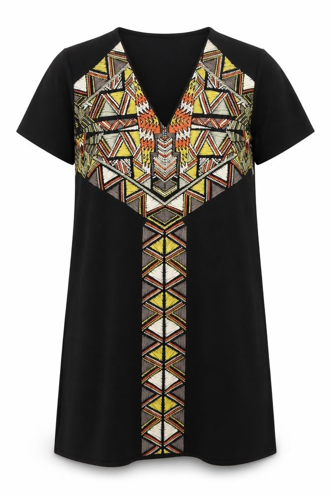 Zara Womens Black Geometric Polyester Kaftan Size S V-Neck Pullover