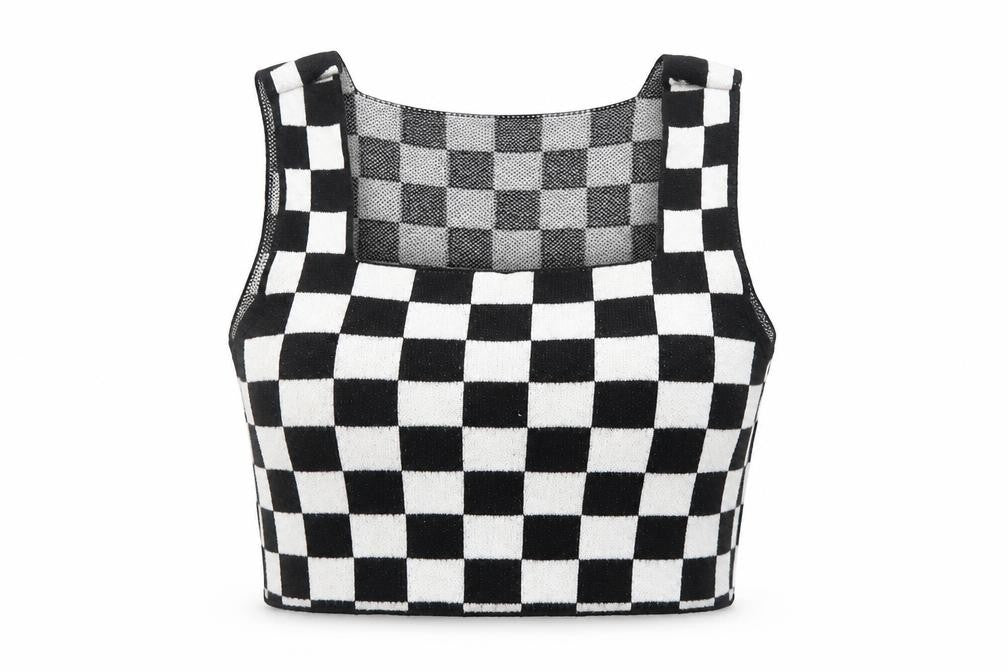 Front view of ASOS women’s black check acrylic cropped tank, size UK 4, square neck