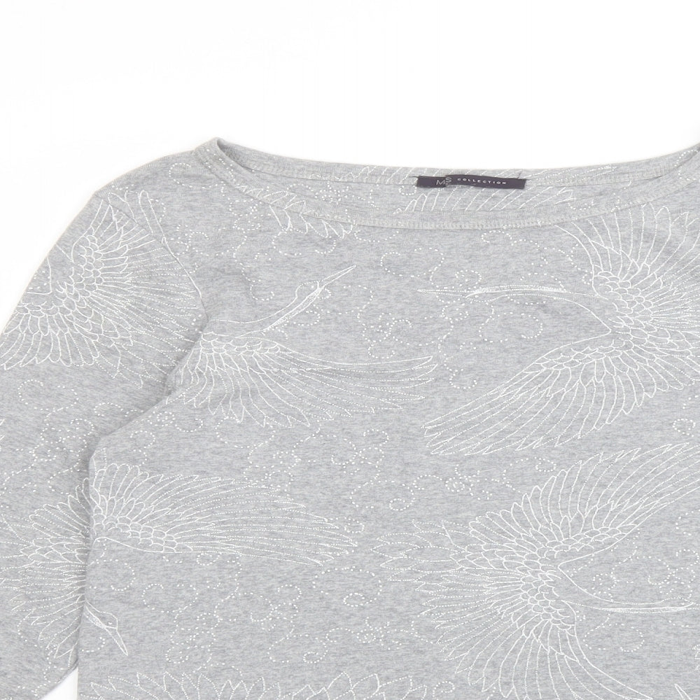 Marks and Spencer Womens Grey Geometric Cotton Basic Blouse Size 16 Boat Neck