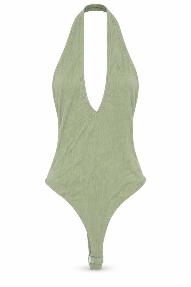 Front view of ASOS women’s green viscose bodysuit one-piece, size UK 4, snap