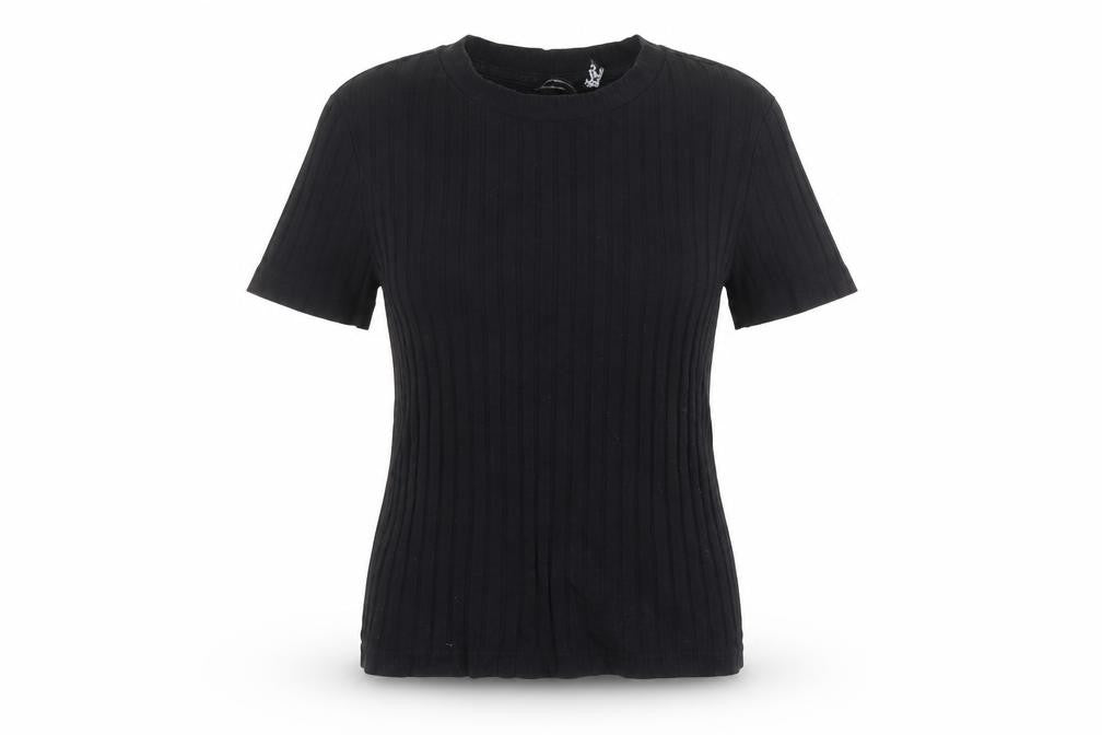 Front view of ASOS women’s black cotton basic t-shirt, size UK 6, round neck