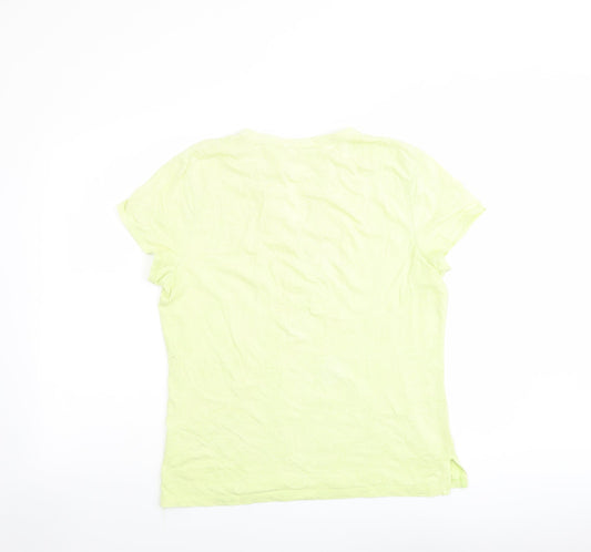 Liz Claiborne Womens Green Floral Cotton Basic T-Shirt Size L V-Neck