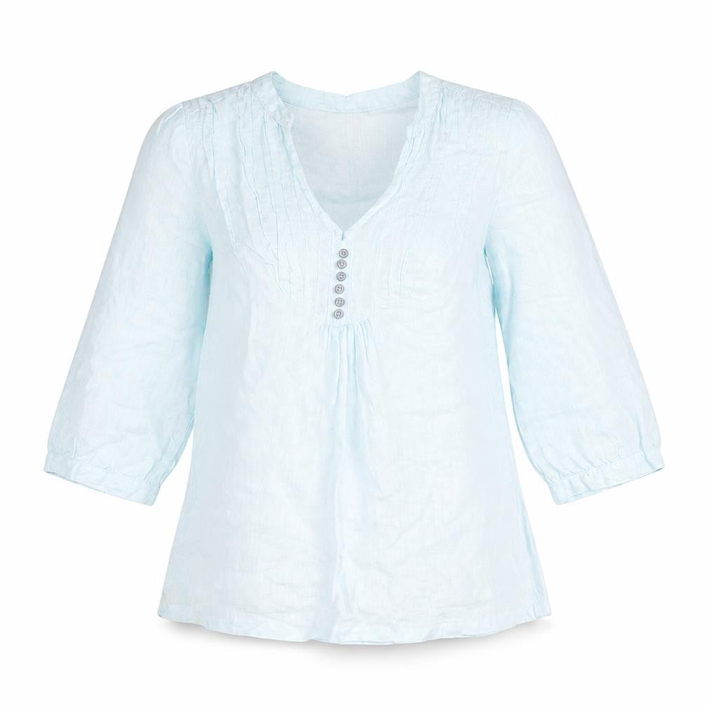 Marks and Spencer Womens Blue Geometric Linen Basic Blouse Size 10 V-Neck