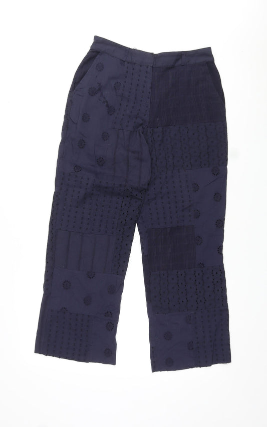 Zara Womens Blue Geometric Cotton Trousers Size XS L27 in Regular Zip