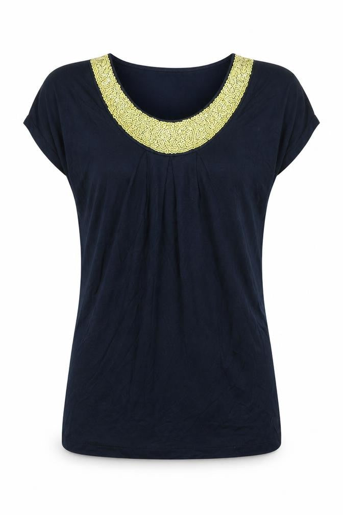 Front view of Autograph women’s blue viscose basic t-shirt, size UK 10, round neck