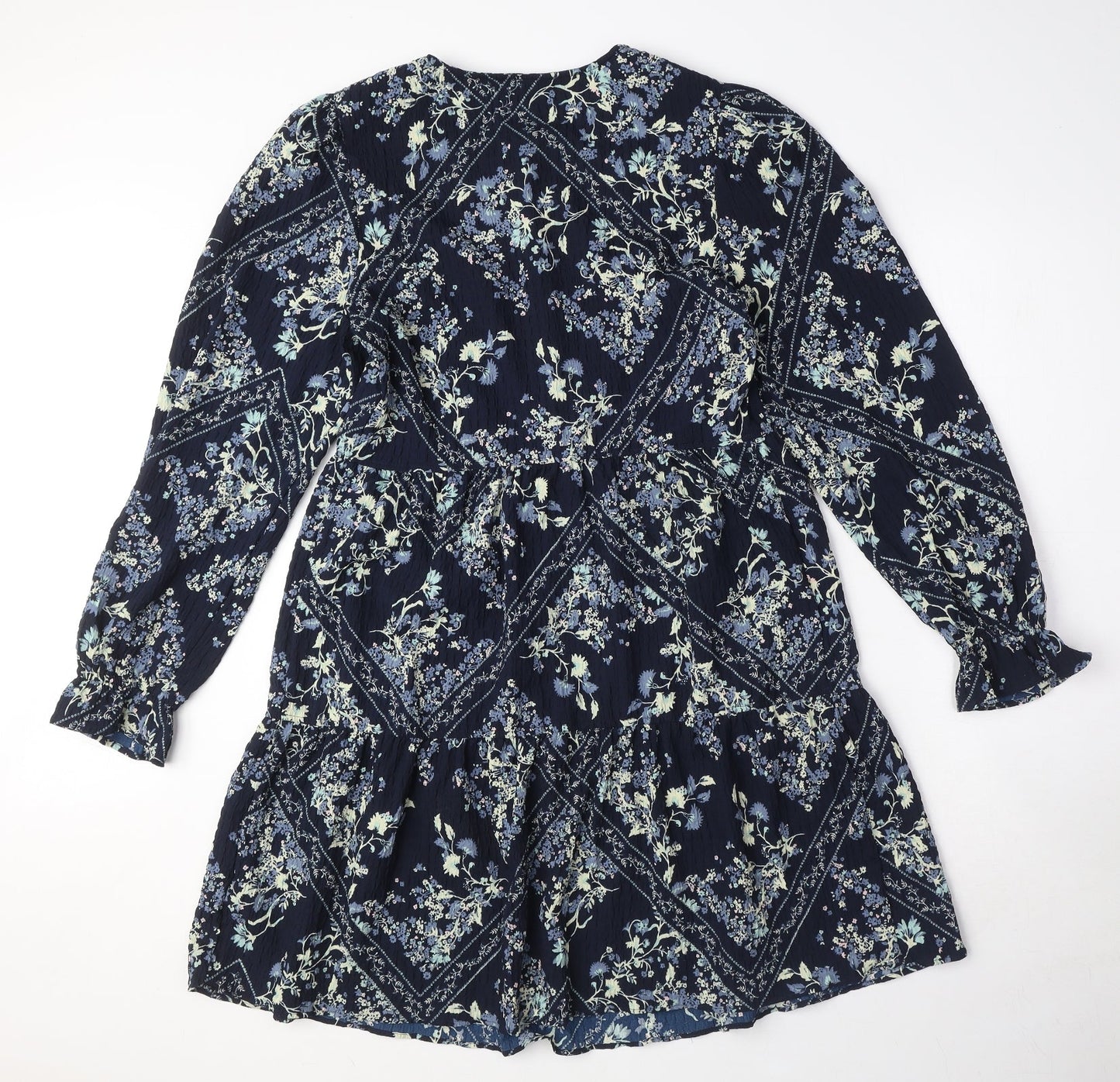 Marks and Spencer Womens Blue Geometric Polyester Shift Size 6 Round Neck Button - Floral Diamond Smock