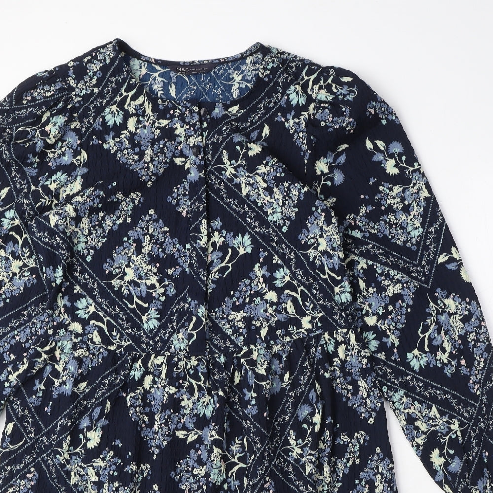 Marks and Spencer Womens Blue Geometric Polyester Shift Size 6 Round Neck Button - Floral Diamond Smock