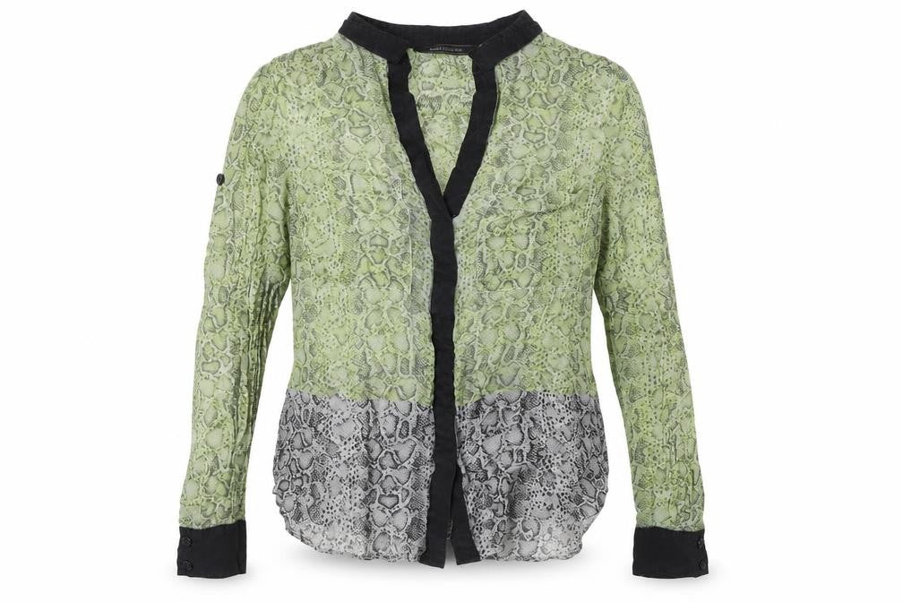 BCBGMAXAZRIA Womens Green Animal Print Silk Basic Blouse Size XS V-Neck - Snake Skin Print