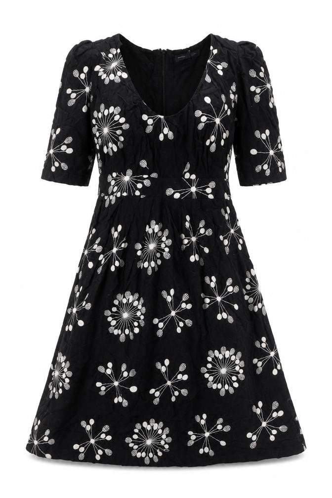 Front view of French Connection women’s black geometric 100% cotton a-line, size UK 8, scoop neck zip
