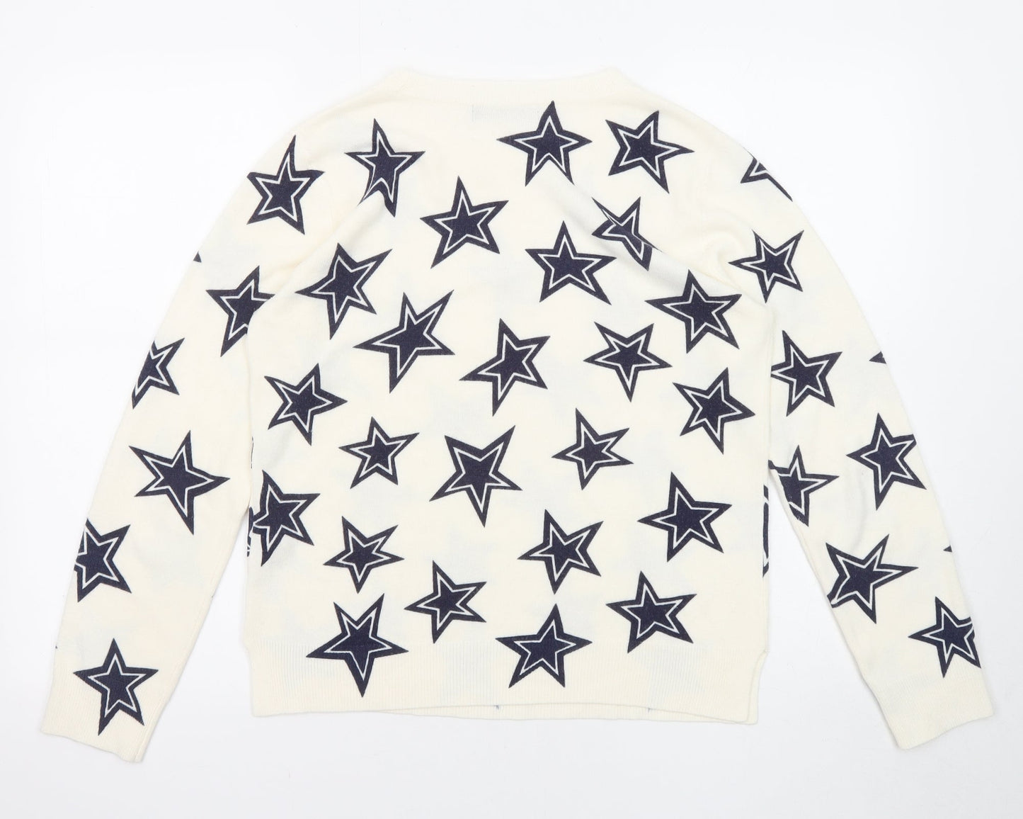 Marks and Spencer Womens Ivory Round Neck Geometric Acrylic Pullover Jumper Size 12 - Star Pattern