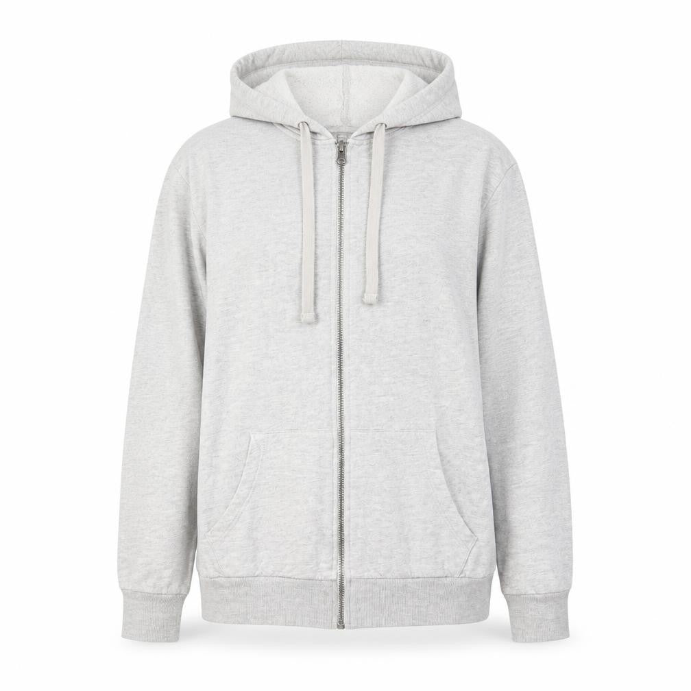 Front view of ASOS women’s grey cotton full zip hoodie, size UK 6, zip - pockets drawstring