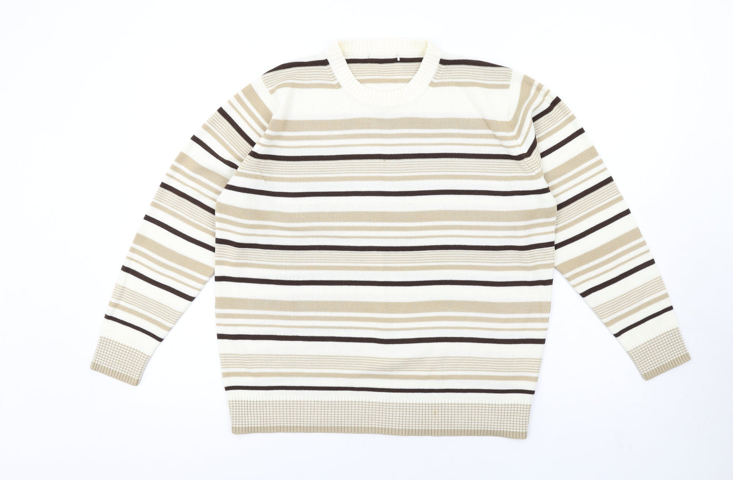 Berkertex Womens Beige Crew Neck Striped Acrylic Pullover Jumper Size 14