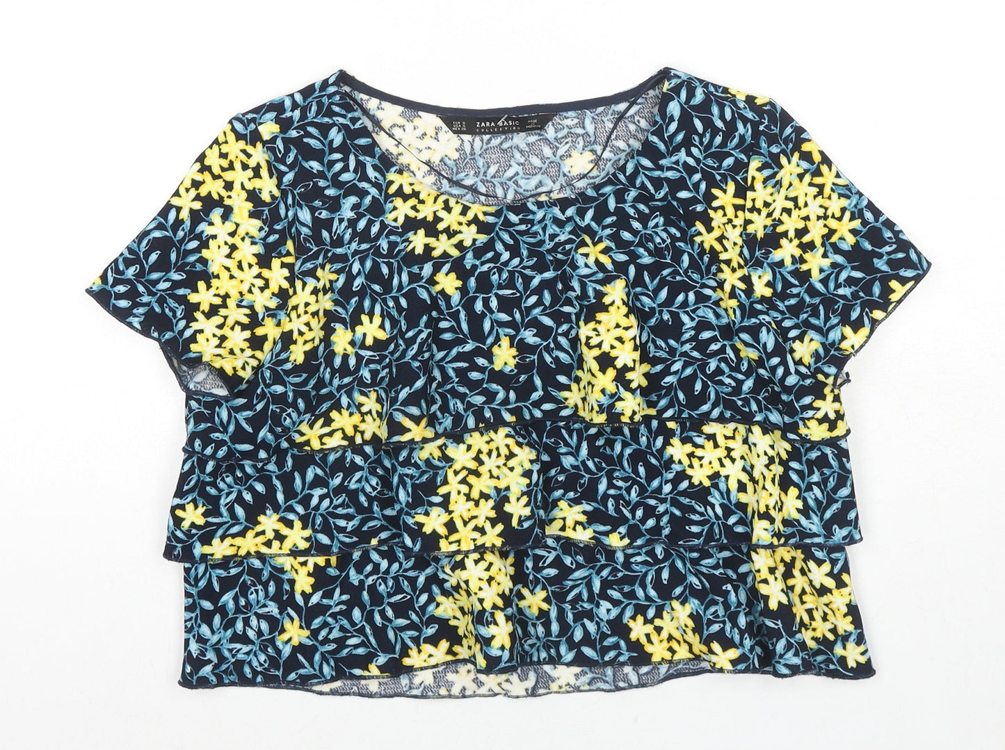Zara Womens Multicoloured Floral Polyester Basic T-Shirt Size S Round Neck - Frill