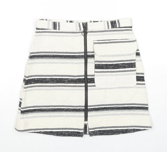 Topshop Womens Ivory Striped Cotton Flare Skirt Size 6 Zip