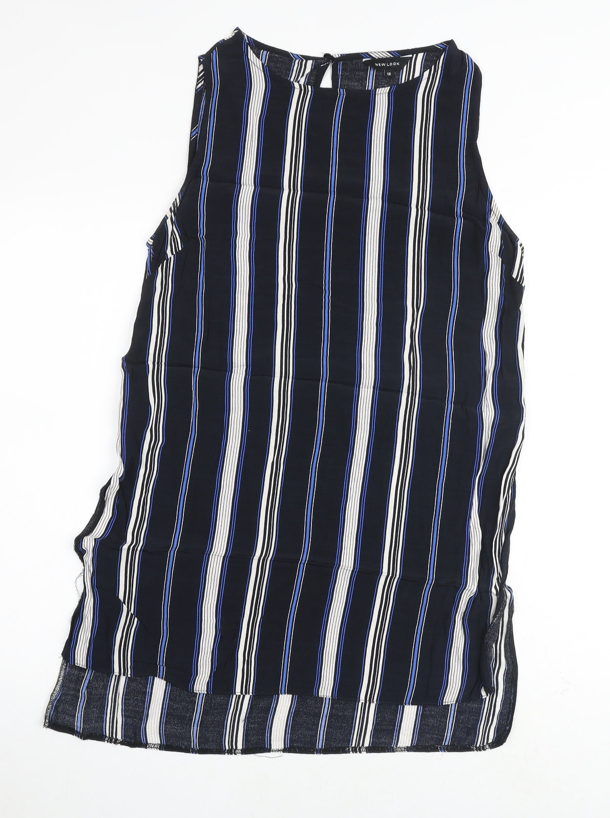 New Look Womens Black Striped Viscose Tank Dress Size 12 Round Neck Button