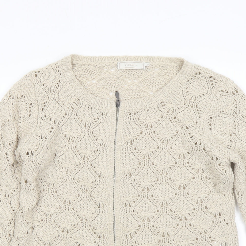 Cream Womens Beige Round Neck Acrylic Full Zip Jumper Size M