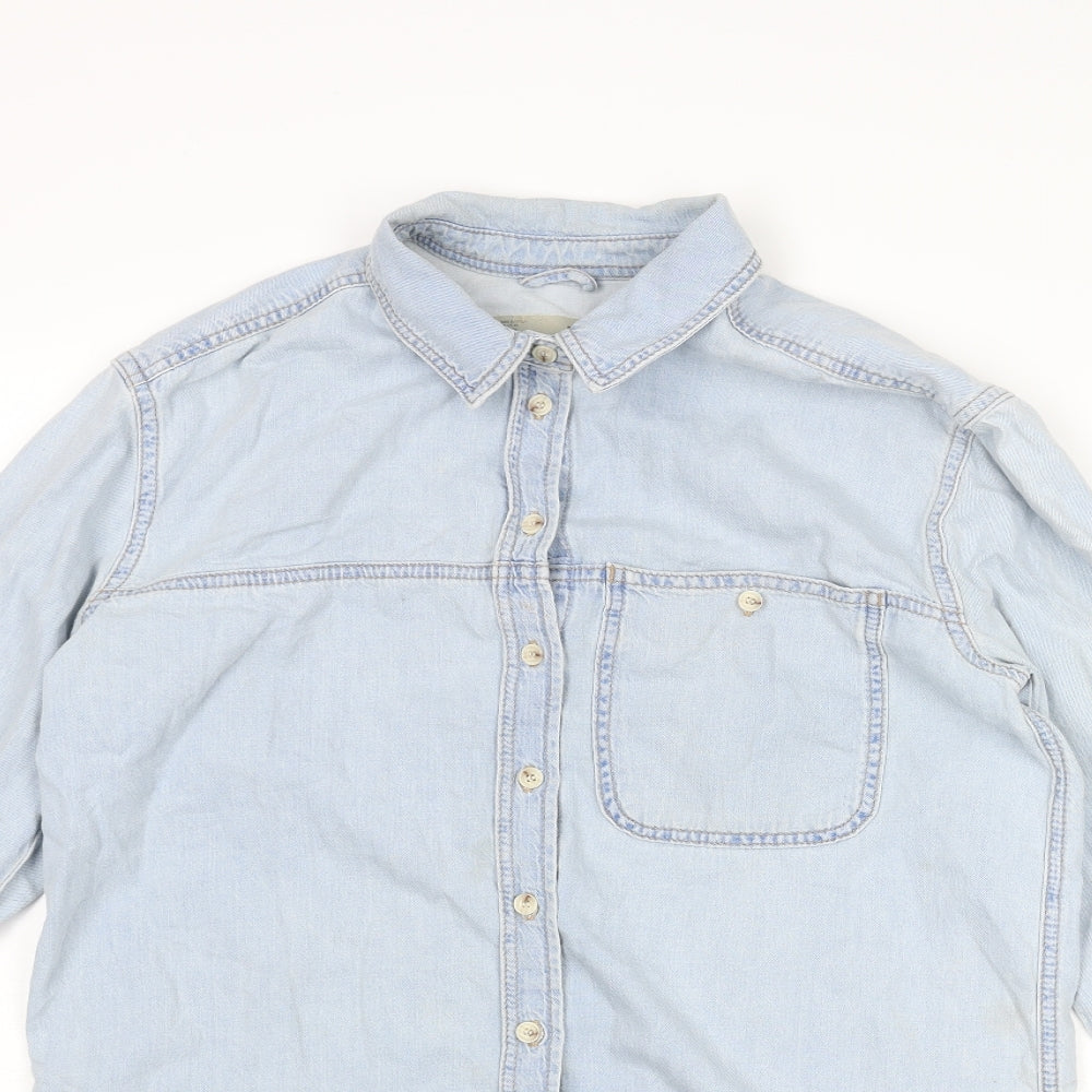 Topshop Womens Blue Cotton Basic Button-Up Size 8 Collared