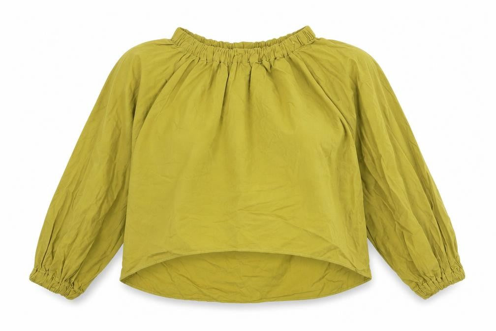Zara Womens Green Cotton Cropped Blouse Size XS Mock Neck - Rouched Collar and Cuffs