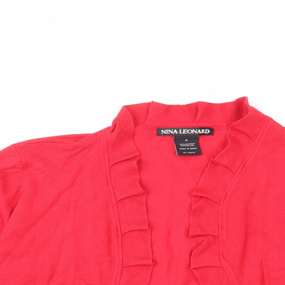 Nina Leonard Womens Red V-Neck Viscose Cardigan Jumper Size M - Ruffle