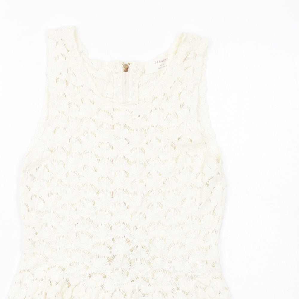 Zara Womens Ivory Cotton A-Line Size S Round Neck Zip