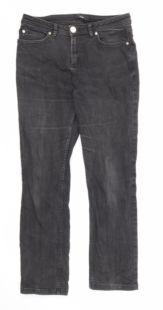 Marks and Spencer Womens Black Cotton Straight Jeans Size 12 L27 in Slim Zip