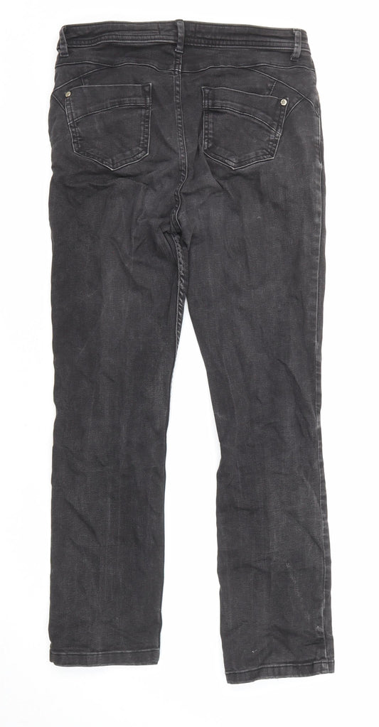 Marks and Spencer Womens Black Cotton Straight Jeans Size 12 L27 in Slim Zip