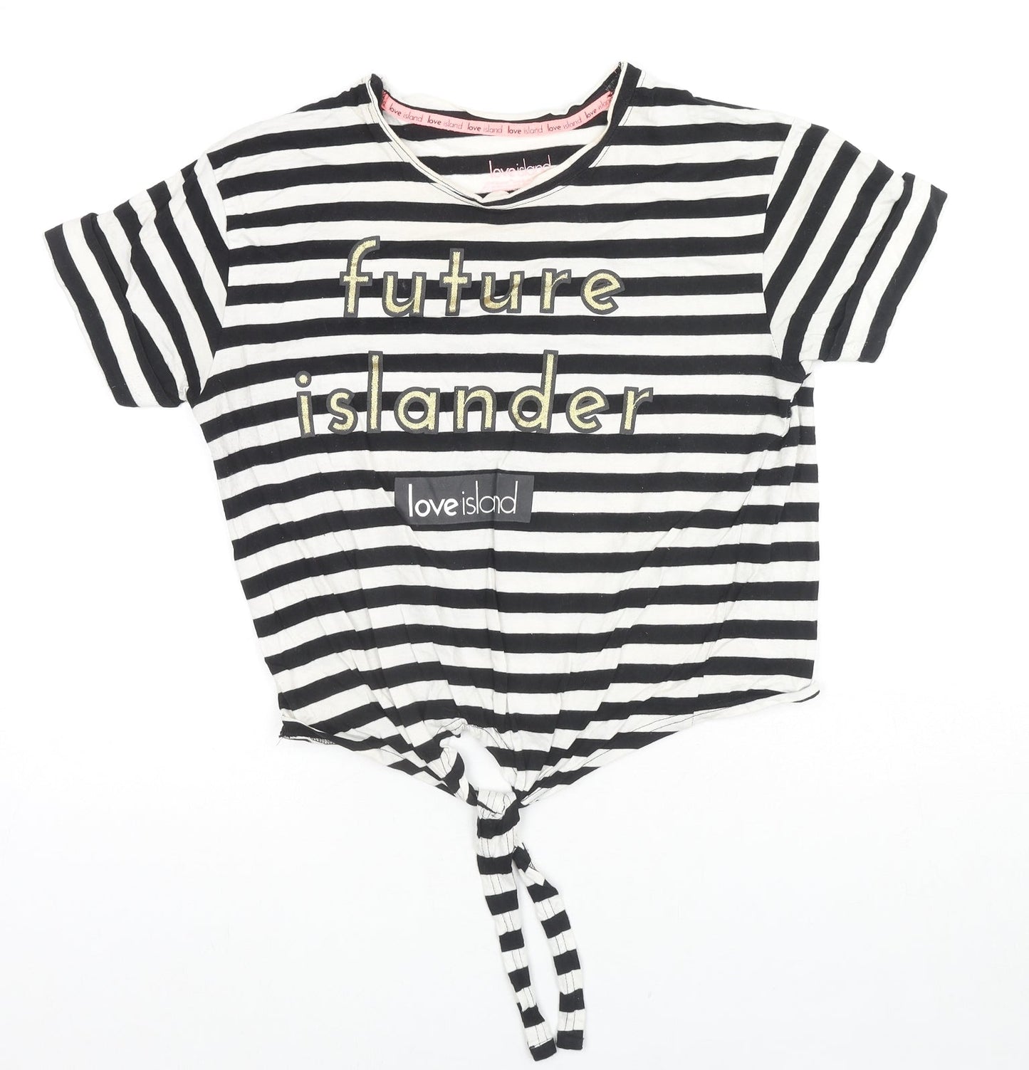 Love Island Womens Black Striped Cotton Basic T-Shirt Size 10 Round Neck - Future Islander