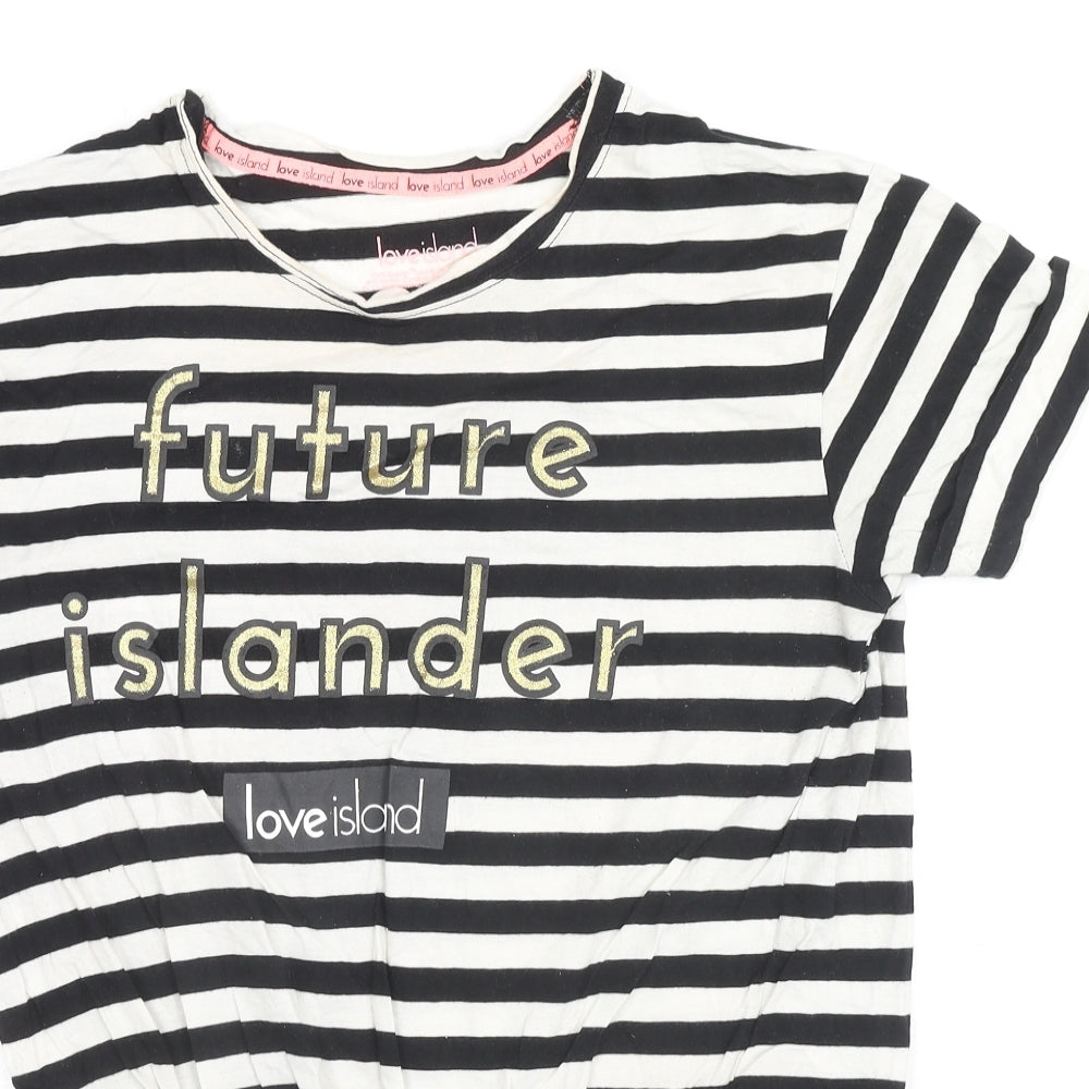 Love Island Womens Black Striped Cotton Basic T-Shirt Size 10 Round Neck - Future Islander