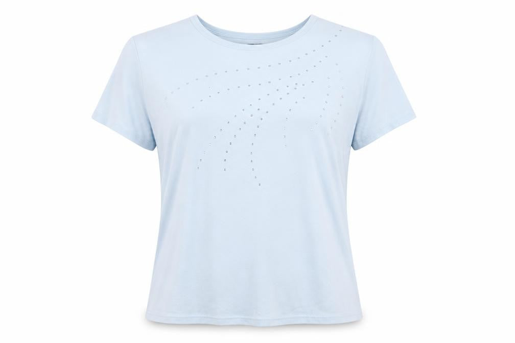 Front view of Casual Club women’s blue cotton basic t-shirt, size UK 12, round neck - jeweled detail