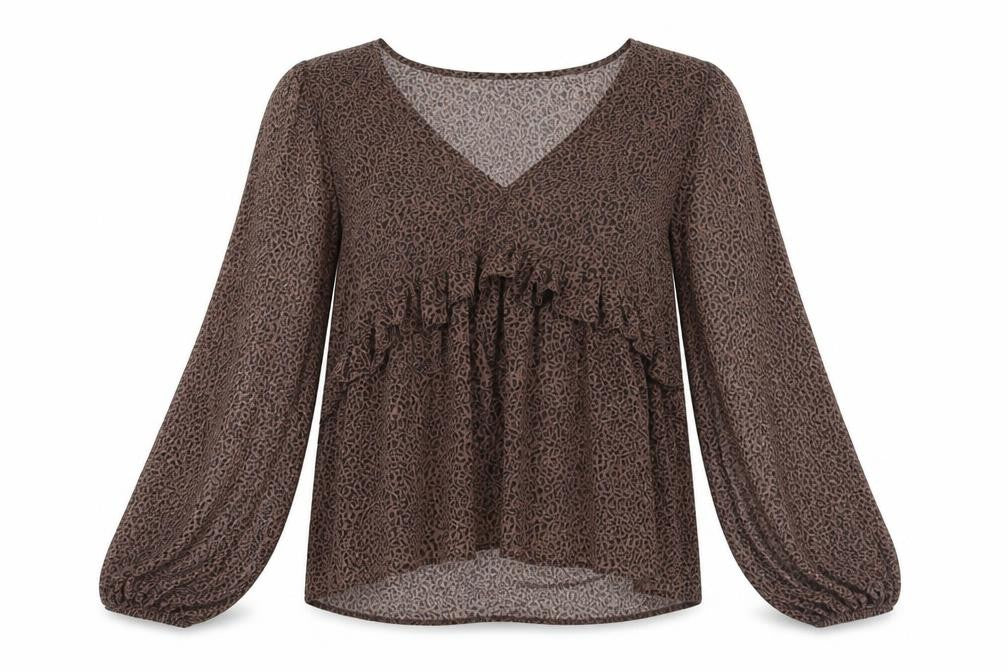 Front view of ASOS women’s brown animal print polyester basic blouse, size UK 10, v-neck