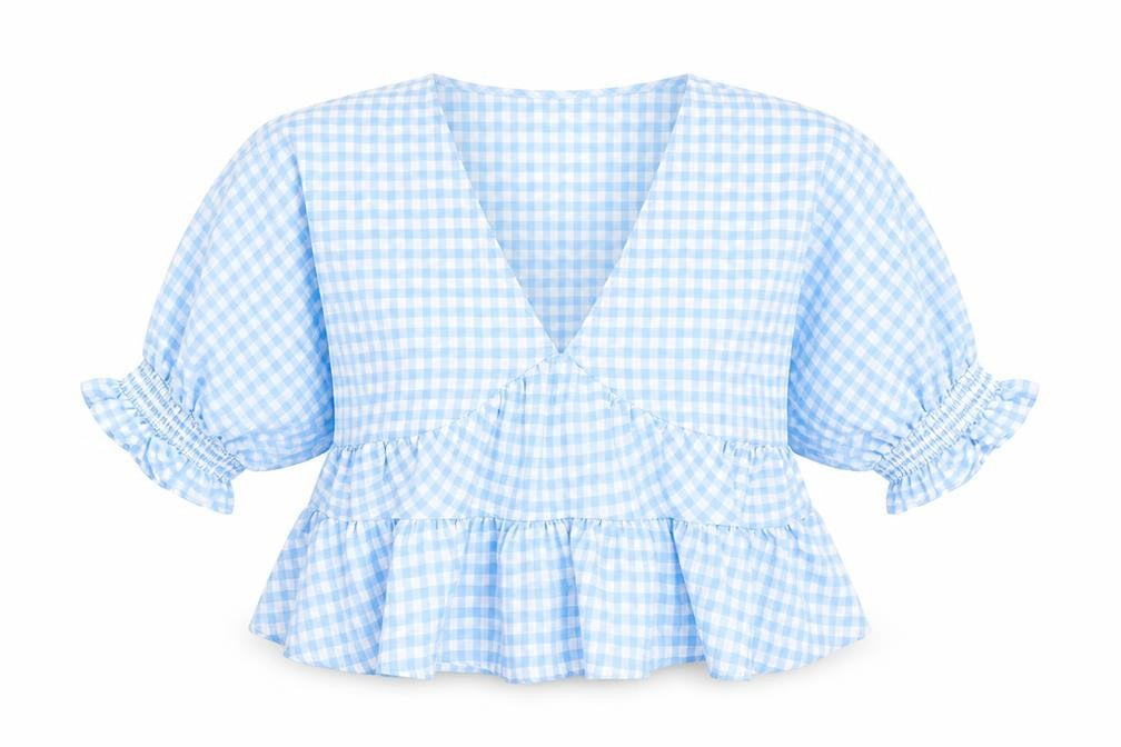 Front view of ASOS women’s blue check polyester basic blouse, size UK 10, v-neck