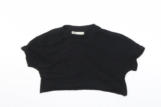 Pull&Bear Womens Black 100% Cotton Cropped T-Shirt Size XS Crew Neck