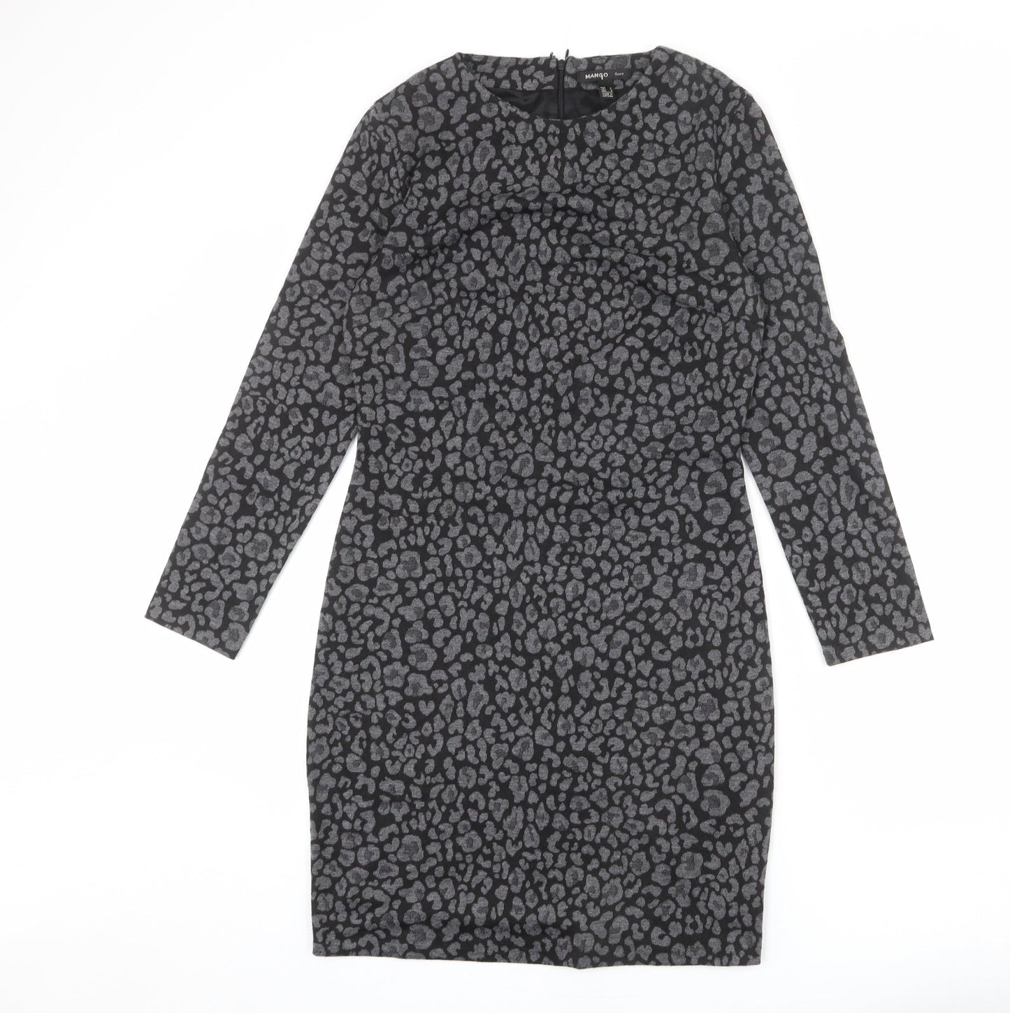 Mango Womens Grey Animal Print Polyester Sheath Size L Round Neck Zip - Leopard Print